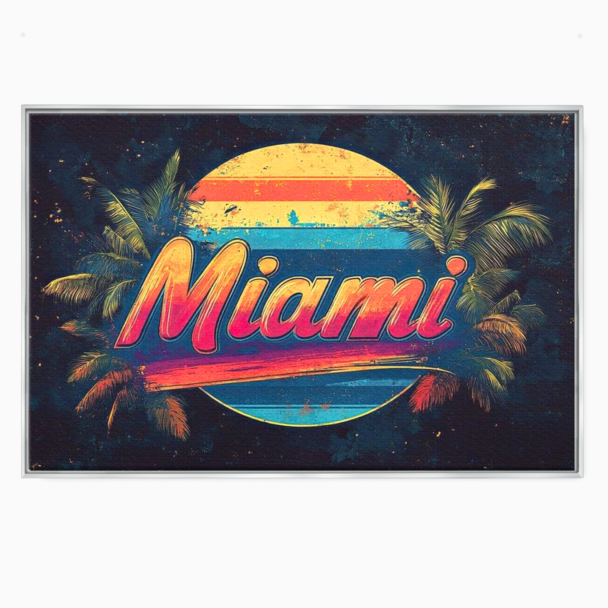 Tablou canvas cu ilustratie retro miami cu soare si palmieri, in rama de aluminiu argintiu